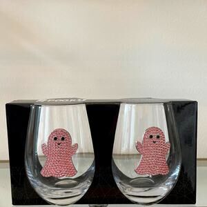2pc Halloween GHOST Pink Crystal Rhinestone Stemless Wine Glass Set New